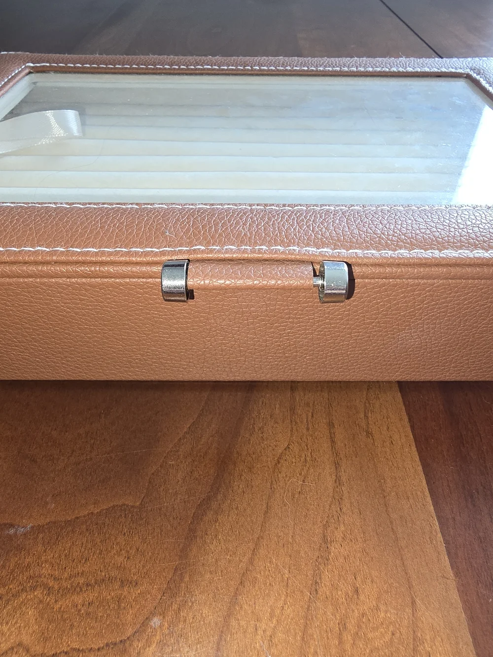 Tan Leather-Look Ring Storage Display with Glass Top, Excellent Condition